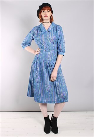 VINTAGE 70S PATTERNED BELTED COLLARED MIDI DRESS