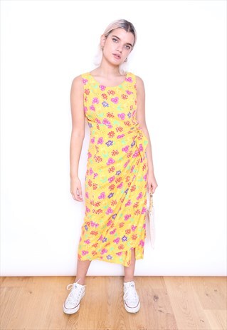 VINTAGE 90S ORANGE FLORAL WRAP MIDI DRESS