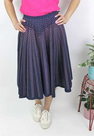 VINTAGE 1970S HANDMADE NAVY PRINT CIRCLE SKIRT