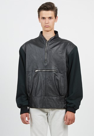 VINTAGE BLACK 1/4 ZIP LEATHER PULLOVER JACKET