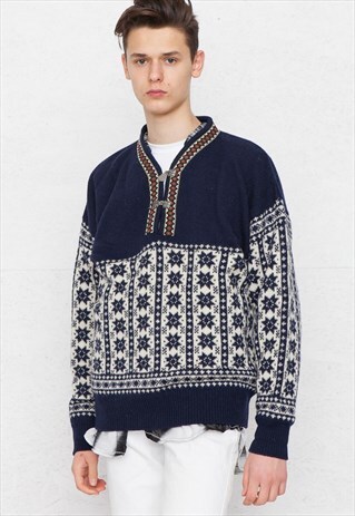 VINTAGE BLUE WHITE WOOL KNIT NORWEGIAN JUMPER