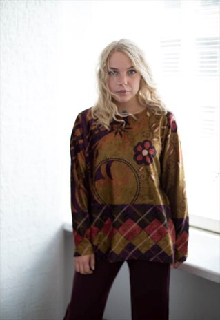 VINTAGE 80'S MULTICOLOUR PATTERNED VELVET LONG SLEEVED TOP