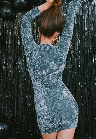 GREY VELVET MINI DRESS LONG SLEEVE SEXY KEYHOLE PENCIL S