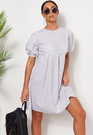 WHITE POLKA DOT SMOCK DRESS
