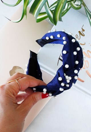 NAVY BLUE VELVET PEARL TOP KNOT ALICE HEAD BAND