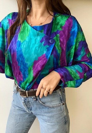 VINTAGE 80S LUXE PARISIAN ABSTRACT PRINT TOP SHIRT BLOUSE