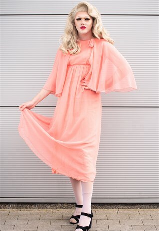 70'S VINTAGE CORAL PINK MAXI CAPE DRESS W/ FLOWER