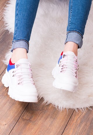 PLATFORM TRAINERS IN WHITE, BLUE & RED LEATHER STYLE -FUSION