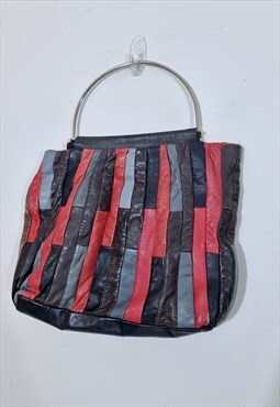 Vintage 80's Red and Grey Leather Patchwork Handbag
