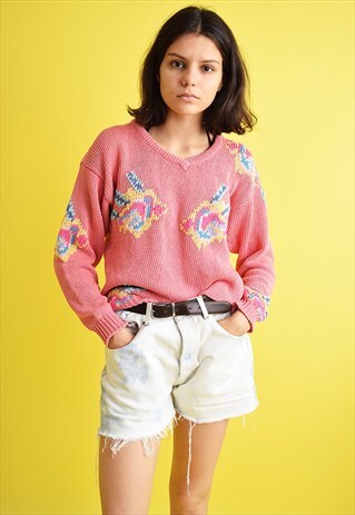 90'S RETRO PASTEL EMBROIDERY OVERSIZED KNITTED JUMPER TOP