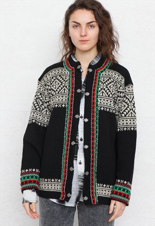 VINTAGE BLACK KNIT WOOL CARDIGAN SWEATER