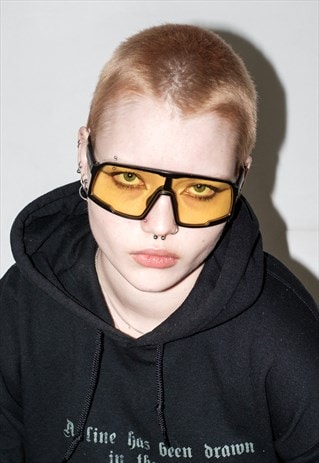 Y2K techno huge visor sunglasses in black & safety yellow
