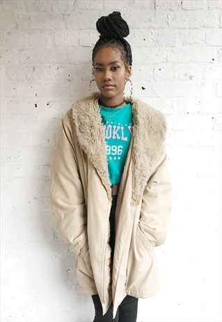 FAUX FUR COLLAR BEIGE COAT (1990'S/LADIES)
