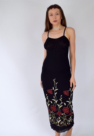 VINTAGE 90S Y2K FLORAL MESH STRAPPY SHEER OVERLAY MIDI DRESS