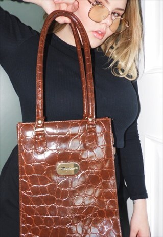 VINTAGE SHOULDER BAG CROC PRINT PVC TOP HANDLE 80S 90S 00S