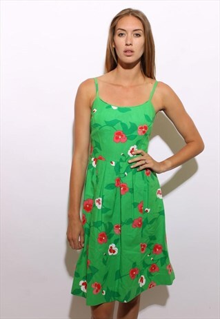 VINTAGE 1990'S 90'S BROWN SILK SUN DRESS DAISY PRINT S-M