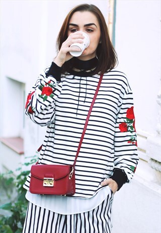 STRIPED SWEATSHIRT WITH EMBROIDERED ROSES