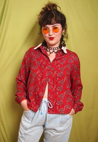 VINTAGE RED BLOUSE WITH PRINT AND WHITE COLLAR