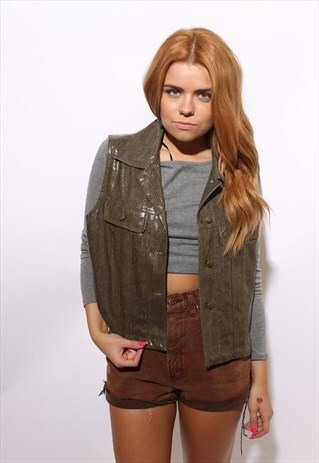 VINTAGE 1990'S 90'S OLIVE FAUX SNAKE VINYL VEGAN VEST L-XL