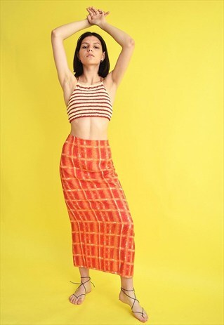VINTAGE 90'S RETRO FESTIVAL ORANGE CHECKED SIDE SPLIT SKIRT