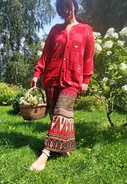 1990s red embroidered buttons down oversize cardigan sweater