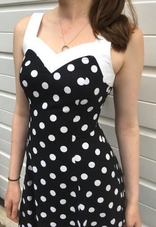 WOMENS VINTAGE 50S DRESS SWING BLACK WHITE POLKA DOT SPOTTY