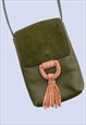 KHAKI GREEN LEATHER GRAIN SUEDE TASSEL PHONE FESTIVAL BAG