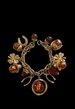 70's Gold Metal Charm Bracelet Amber Stones Horseshoe  