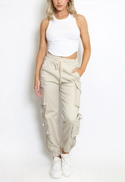 Elasticated Waist Knotted Cargo Pants In Beige 