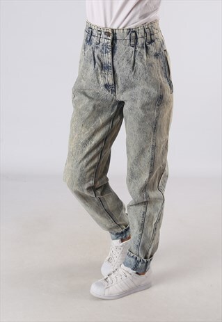 VINTAGE HIGH WAISTED DENIM JEANS WIDE TAPERED ACID WASH JE1D
