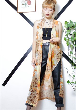 80S VINTAGE 90S GRUNGE FLORAL SHEER SEE-THROUGH VEST KIMONO
