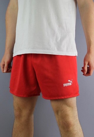 VINTAGE PUMA SHORTS IN RED WITH NO POCKETS, LOGO AND DRAWSTR