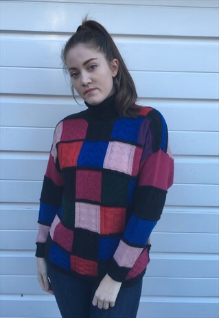 WOMENS VINTAGE 80S MULTI COLOUR PATCHWORK KNIT JUMPER