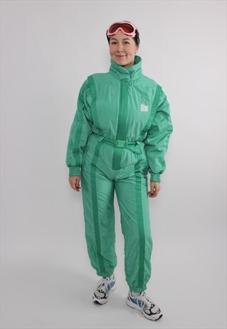 80s one piece ski suit, vintage green ski jumpsuit