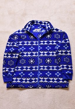 Women's Vintage 90s Blue Aztec Pattern Fleece Jacket
