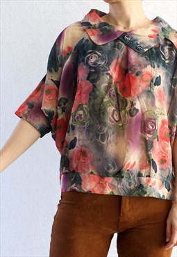 Vintage Blouse Short Sleeves S T690 Floral Pattern