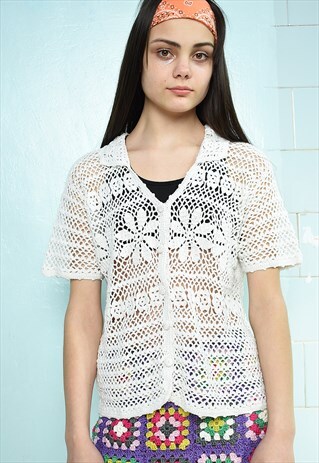 VINTAGE 80S FESTIVAL CROCHET KNIT BLOUSE TOP WHITE BOHO