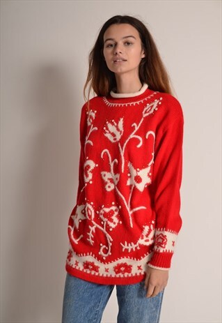 VINTAGE 80S KNIT CHRISTMAS GRANDMA JUMPER IN RED