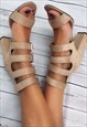 LIGHT BEIGE FAUX SUEDE HEELED CAGE SANDALS