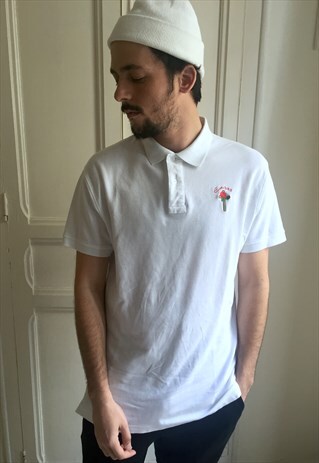 VINTAGE WHITE EMBROIDER CROSS AND ROSE POLO SHIRT