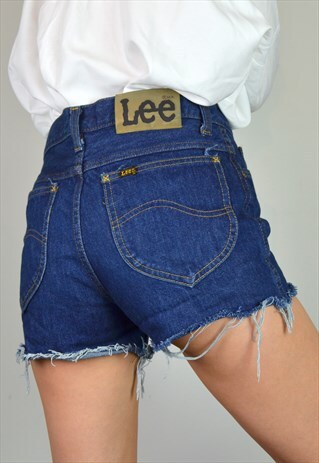 VINTAGE 90S LEE DARK BLUE DENIM HIGH WAISTED FRAYED SHORTS