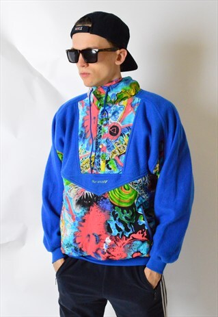 VINTAGE 80S COLOURFUL 1/2 ZIPPER FLEECE JUMPER JACKET