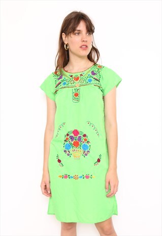 VINTAGE 70S GREEN MEXICAN EMBROIDERED DRESS