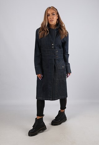 VINTAGE LONG DENIM JACKET FITTED UK 12 M (GBFO)