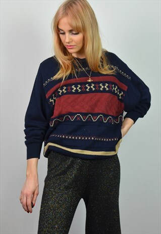 VINTAGE 90S NAVY BLUE & RED PATTERN KNITTED JUMPER