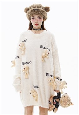 Teddy sweater bear patch jumper knitted Kawaii top in cream