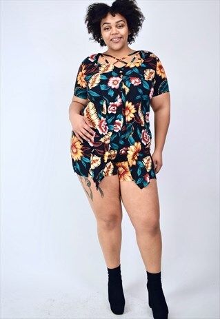 VINTAGE 90'S BLACK FLORAL PLAYSUIT WITH CROSS OVER FRONT