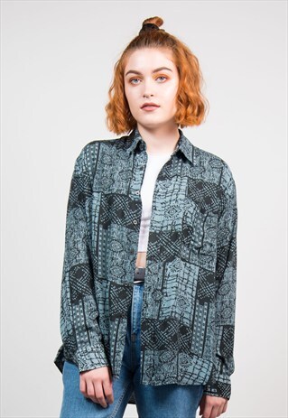 VINTAGE 90'S BLUE PATTERN GRUNGE OVERSIZE BOYFRIEND SHIRT
