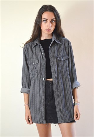 90S VINTAGE GREY STRIPED CORD SHIRT