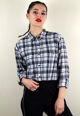 VINTAGE GREY CROPPED FLANNEL OVERSIZED SHIRT